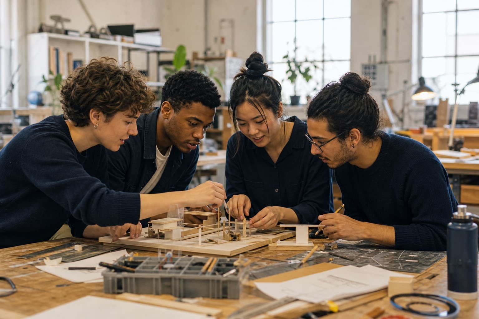 A team building a model together in a bright studio