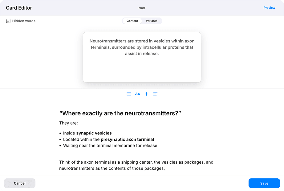 Zaro Study card editor showing a hidden-words flashcard