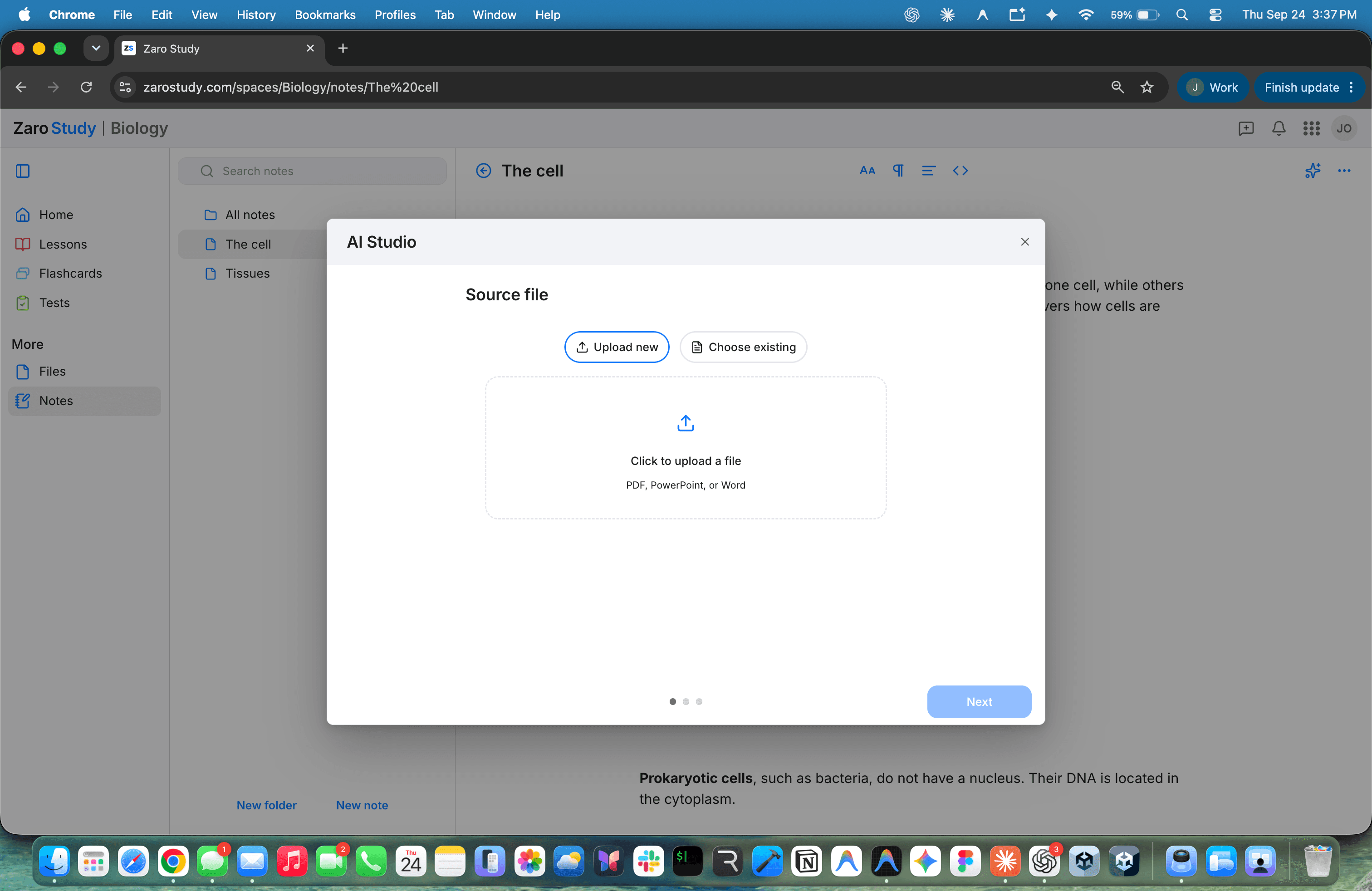 AI Studio source file step open over a Biology note, with options to upload or choose an existing file