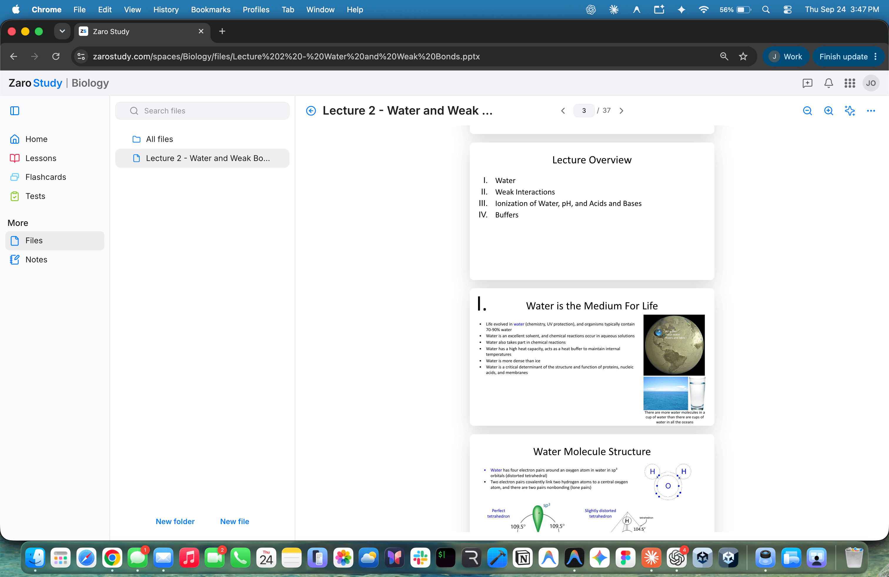 Zaro Study Files workspace showing a Biology lecture slide deck open in the viewer