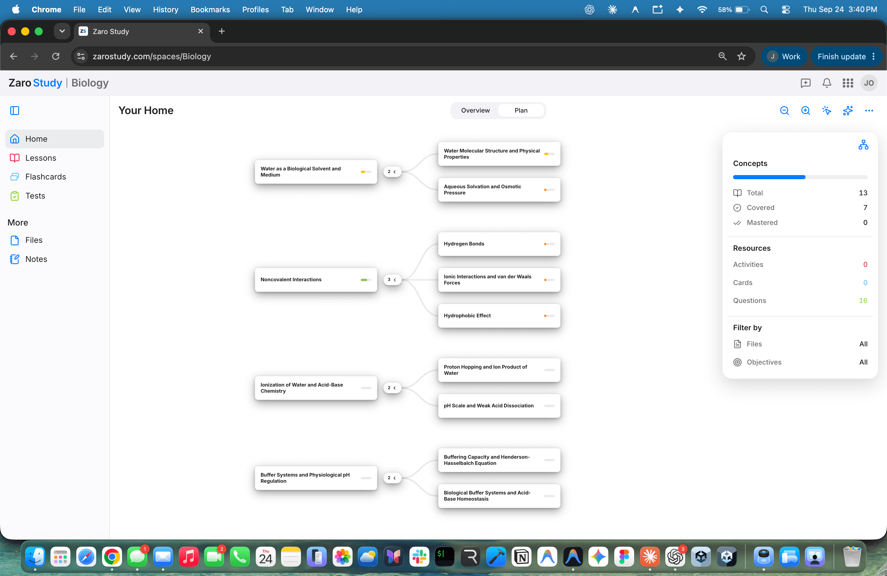 Chrome browser showing a Biology concept tree and study progress in Zaro Study