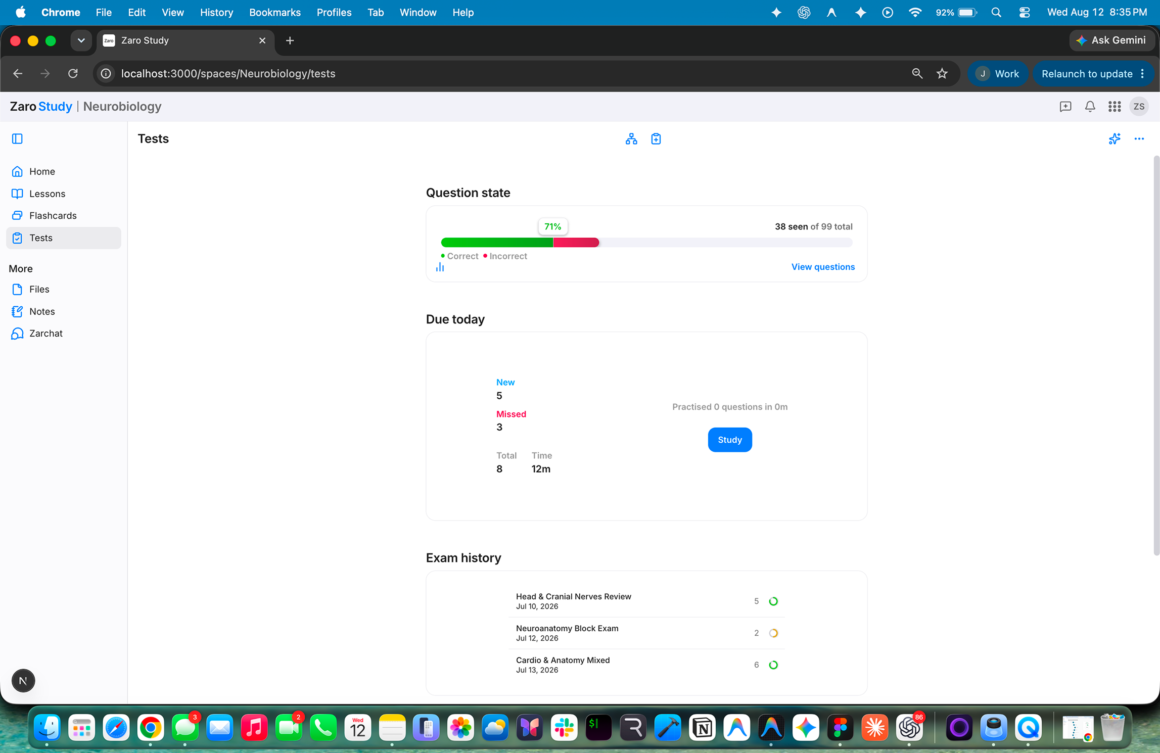 Zaro Study Tests dashboard showing question progress and exam history