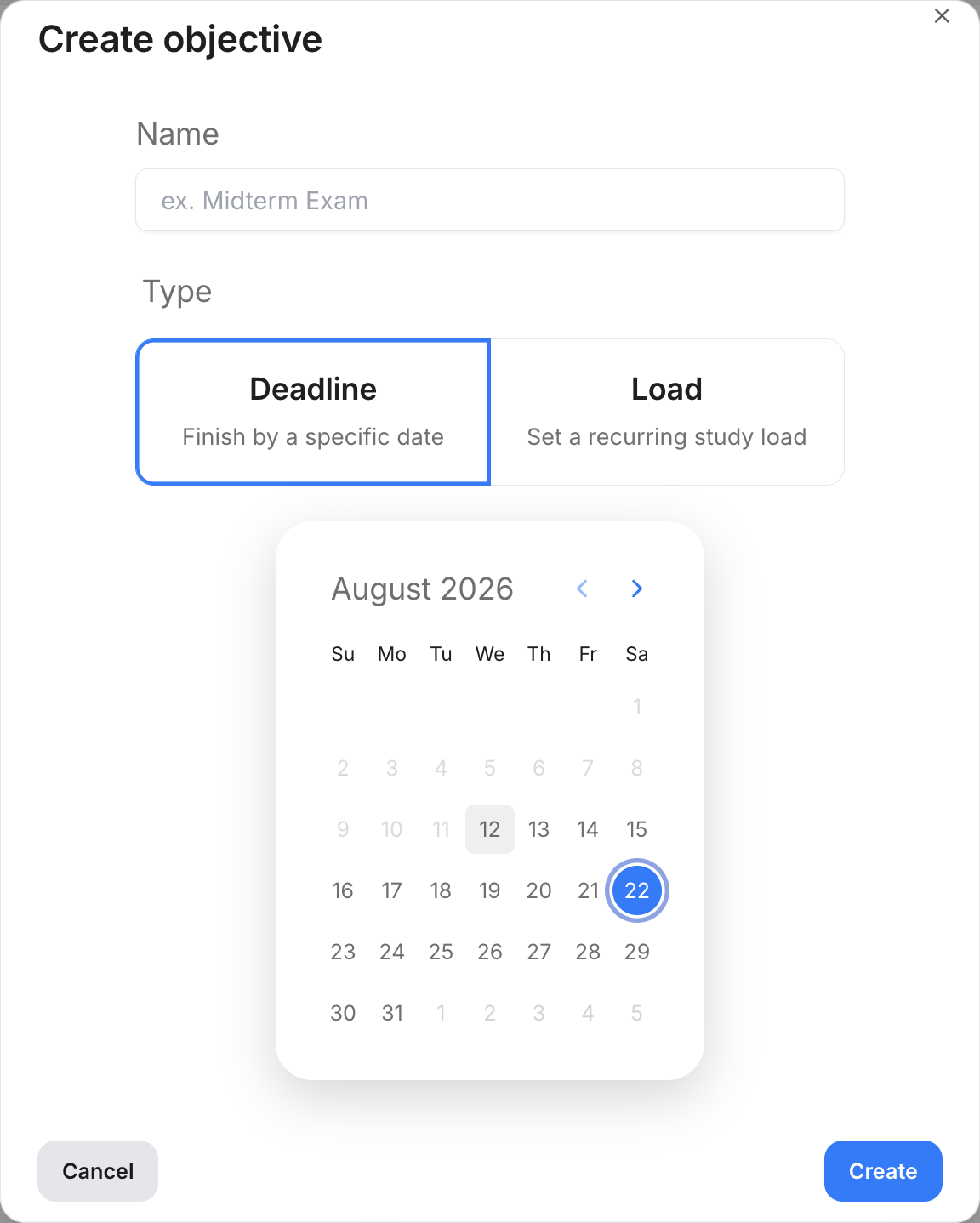 Create objective dialog with deadline and study-load options